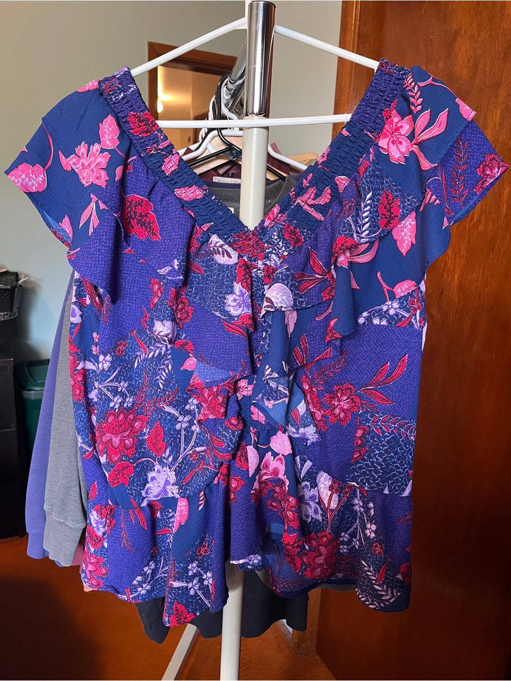 sofia by sofia vergara Navy Floral Ruffle V-Neck Blouse off the shoulder